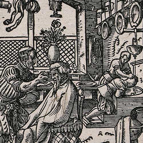 A barber cutting a man's hair. Woodcut